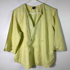 Womens Gap Linen V Neck Embroidered Tunic Yellow Green 3/4 Sleeve XL